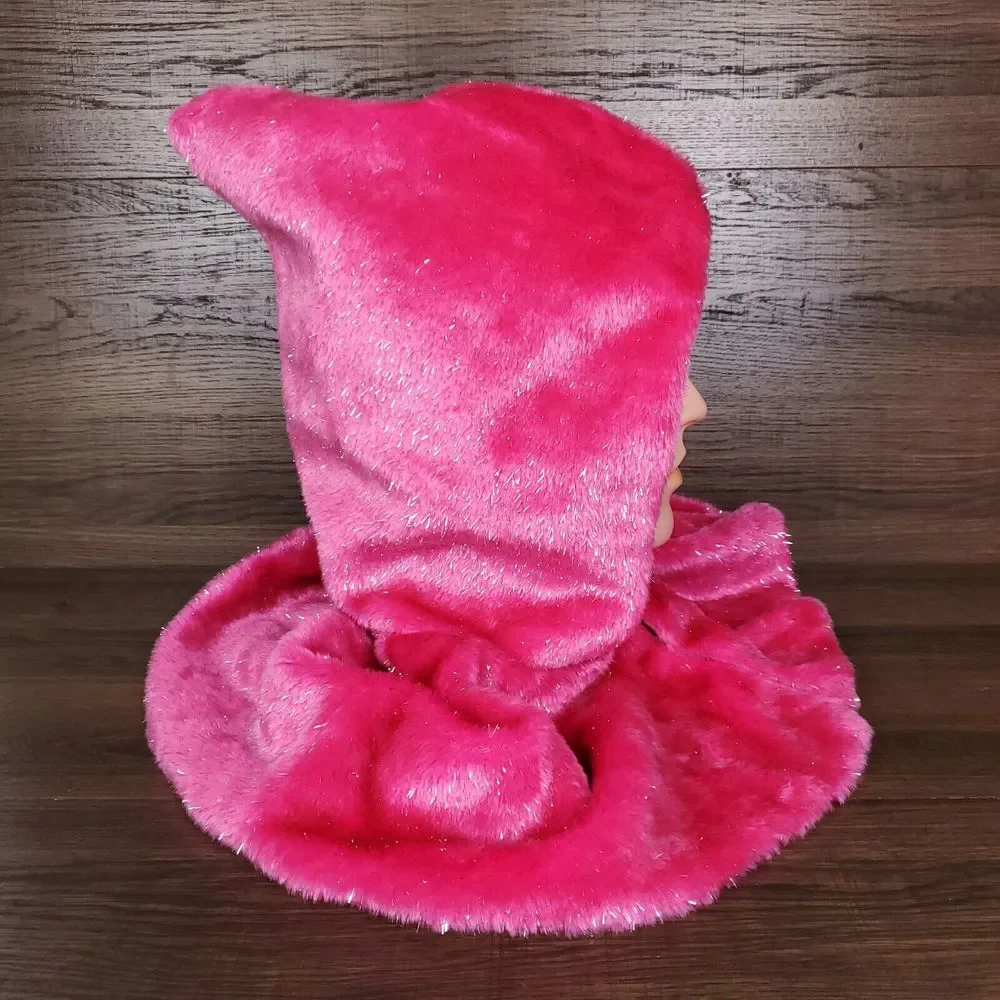 Pink Fur Hooded Cape‎ Youth Kids Silver Lurex White Fleece Lined Costume New